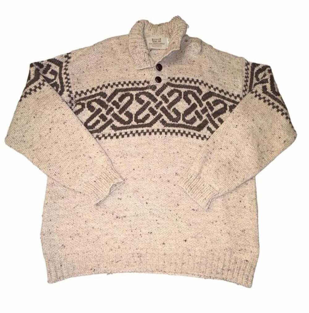 Aran Sweater Market Men's Celtic Pattern Troyer Wool Sweater XXL Oatmeal